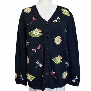 Nordstrom Dragonfly Floral Sweater Womens L Coastal Grandma Cardigan Cottagecore